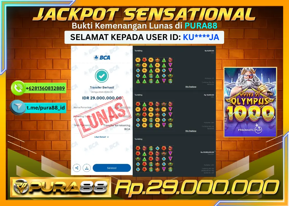 PURA88 JACKPOT GATES OF OLYMPUS 1000 Rp 29.000.000,- LUNAS